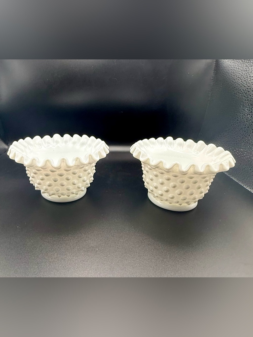 Vintage Fenton White Hobnail Milk Glass Ruffled Bowls - Set of 2 -EUC